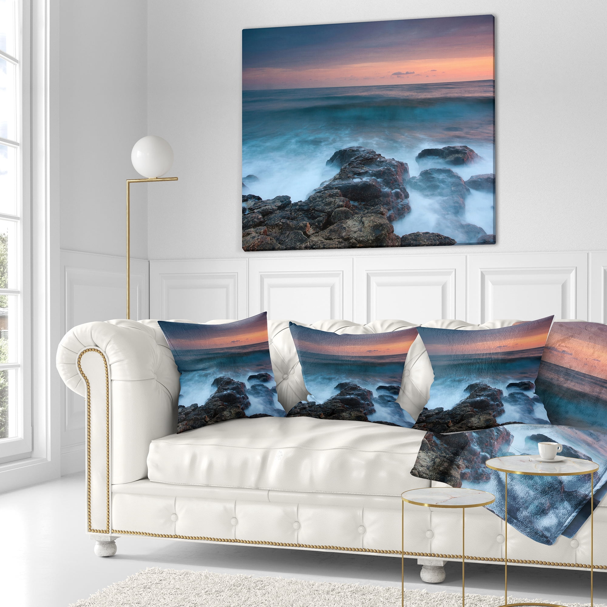 Designart Rocky Beach and White Waves - Seashore Throw Pillow - 16x16