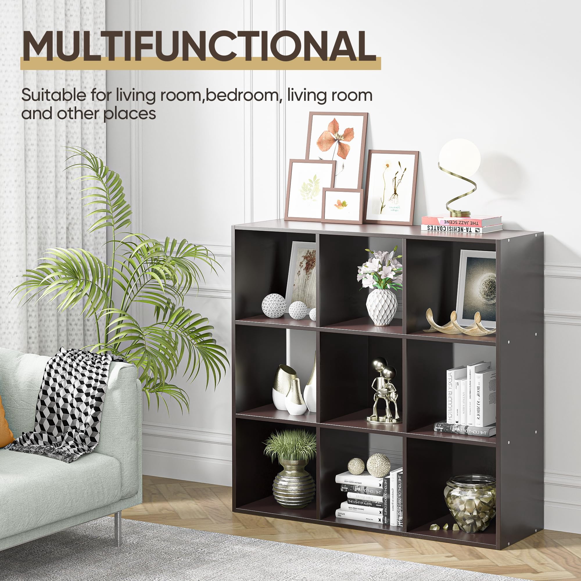 3 Tier 9 Cube Modular Bookshelf, Wood Storage Rack with 5 Detachable Back Panels for Organizing Home Office Living Room Items, Dark Brown