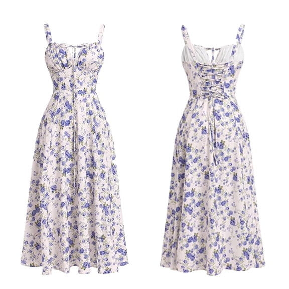 Women Floral Corset Dress Backless Cami Dresses Boho Summer Spaghetti Straps Square Neck Casual Midi Dress Flowy Slit Bustier Dresses