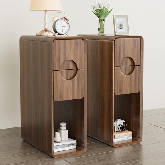 Gineuiia Narrow Walnut Nightstand Set of 2, Small Bedside Table with Round Drawer, Skinny Wood Mid Century Modern End Table, Walnut