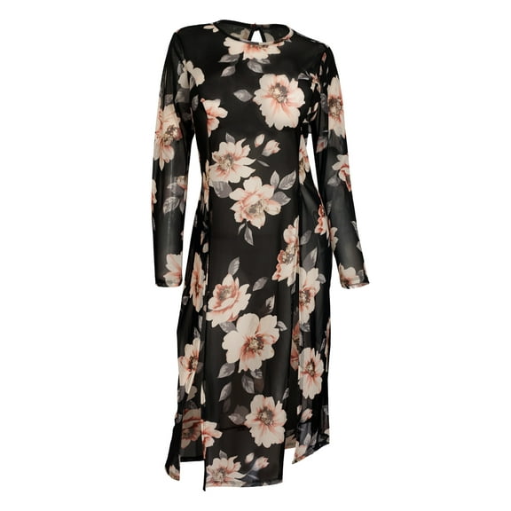 eVogues Plus Size Sheer Floral Print Mesh Evening Party Maxi Dress Black