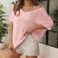 thumbnail image 3 of Womens T-Shirts Sexy Hollow Out Short Sleeve Summer Casual Knit Top Beach Cover Ups Blouse Crew Neck Solid Color Tee Vacation Outfits Fashion Clothing Women Clothes, 3 of 6
