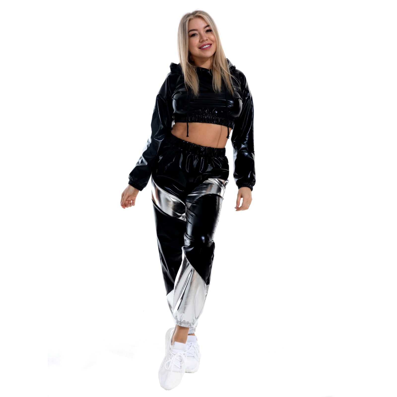 IBTOM CASTLE Women's Rave Outfit Shiny Crop Top Hoodie Casual Long Pants Hooded Workout Sweatshirt Dance Clubwear XXL Black