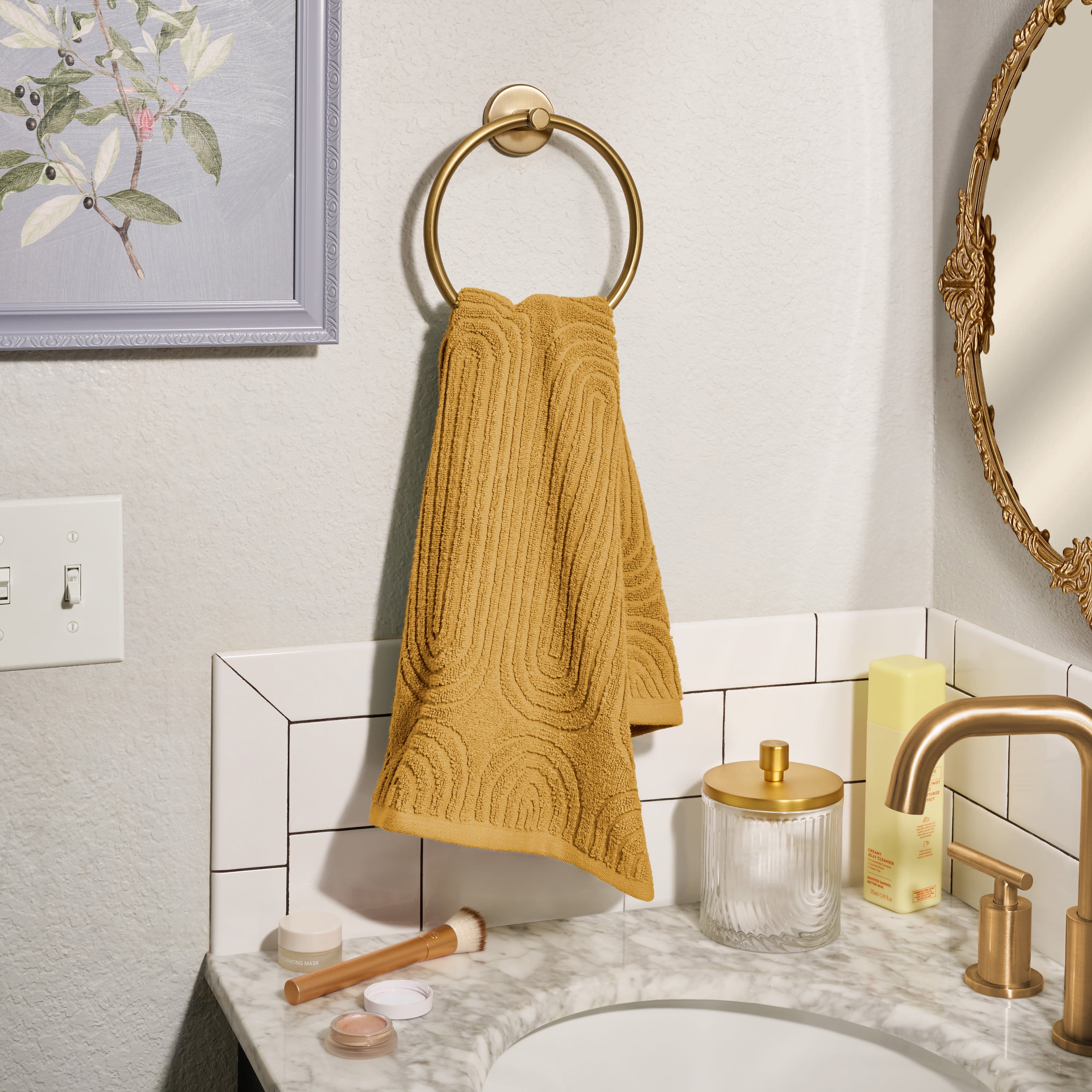 Beautiful by Drew Barrymore Textured Hand Towel, Soft 100% Cotton, Amber Yellow