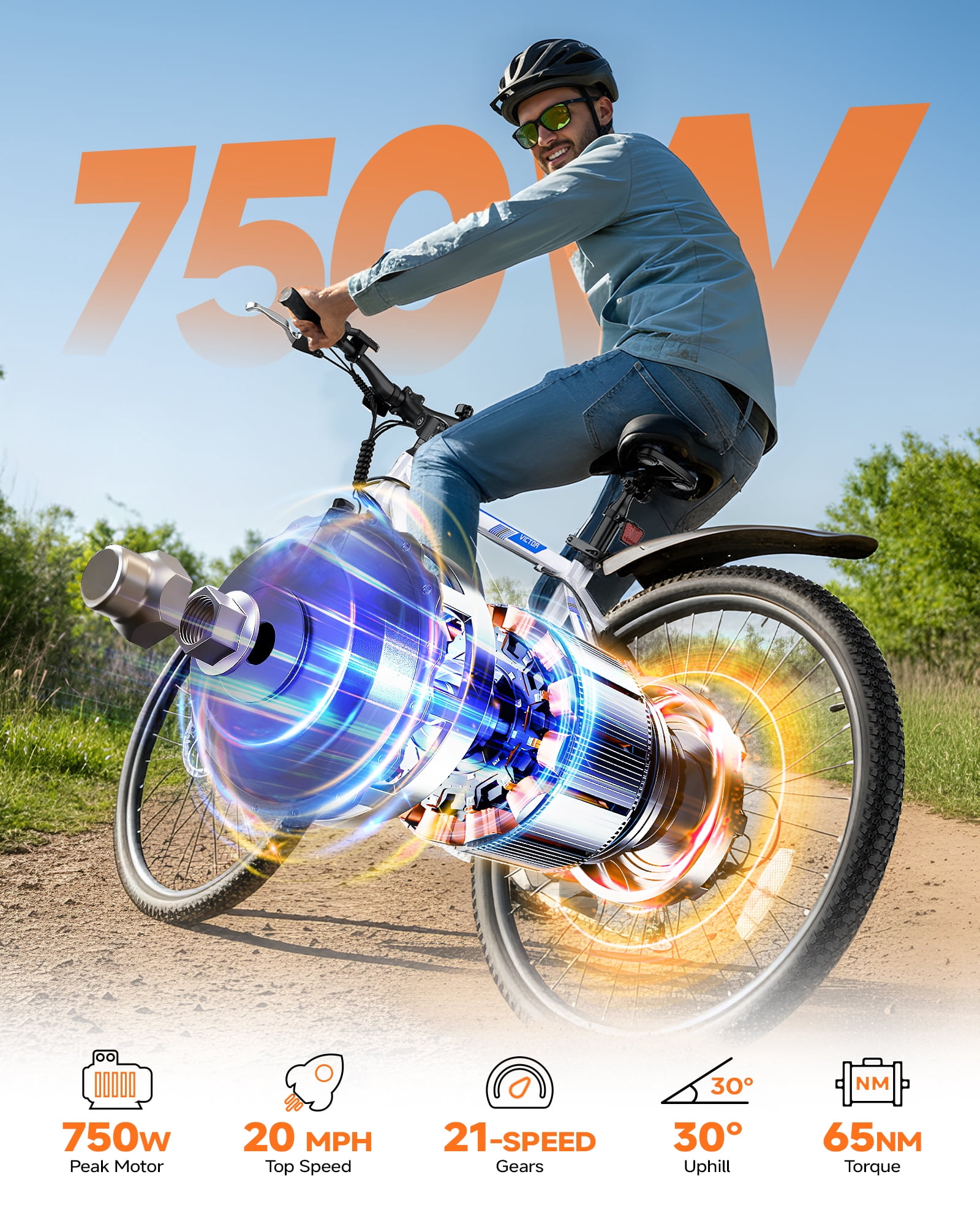 QNUT Full Aluminum Electric Bike for Adults & Teens, Peak 750W, Upgraded Adjustable Handlebars, 21-Speed Commuter E-Bike with Dual Disc Brakes, 40-Mile Range, for mountain & Commuter (Blue-White)