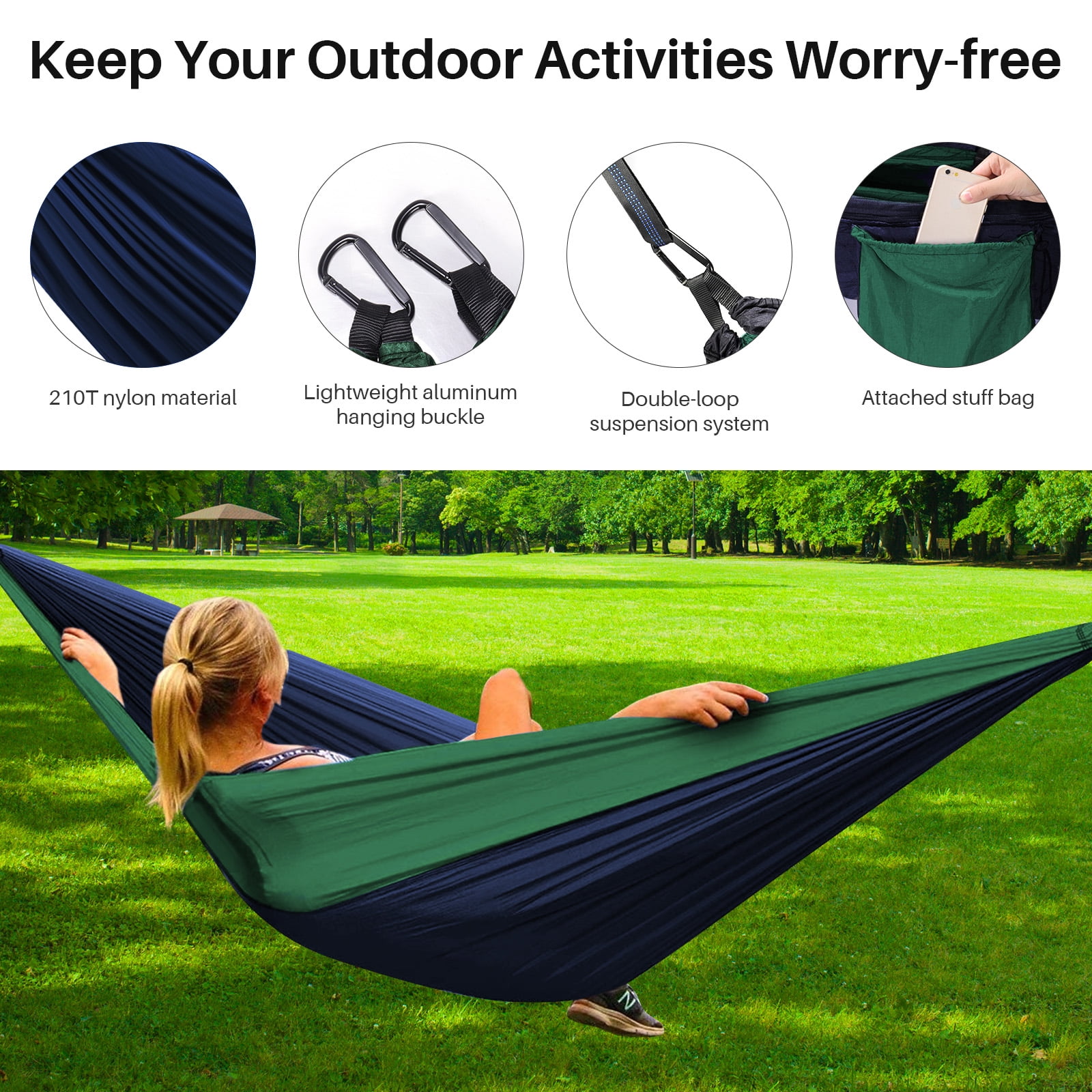 Topchances Camping Hammock, 210T Nylon Lightweight Single Hammock with 2 Tree Straps and Carry Bag, Great for Outdoor, Indoor Beach, Camping, Green & Navy