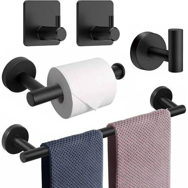 Kit de Accesorios de Baño de Pared, Acero Inoxidable, 5 Piezas, Incluye Toallero, Portarrollos, Ganchos Multifuncionales (Negro)