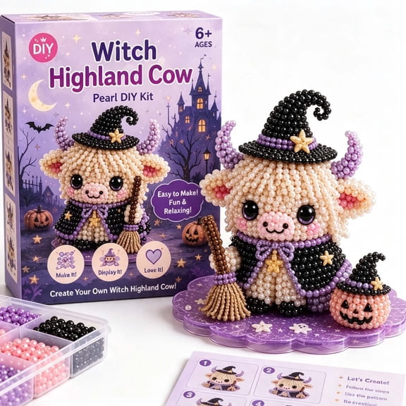 Vrvttad Witch Highland Cow Pearl DIY Craft Kit, Halloween 3D Bead Art Making Set For Kids Ages 6 Holiday Party Activity Supplies