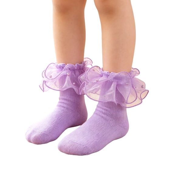 Sewkxo Girls Ruffle Socks Toddler Girl Lace Frilly Dress Socks Cute Church Pageant Sock with Big Ruffles for Baby Little Kid,Purple M