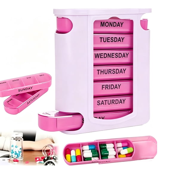 1Pack Pink 7‑Day Stackable Pill Organizer, 4 Times Daily 7‑Compartment Medicine Box for Daily Medication Management