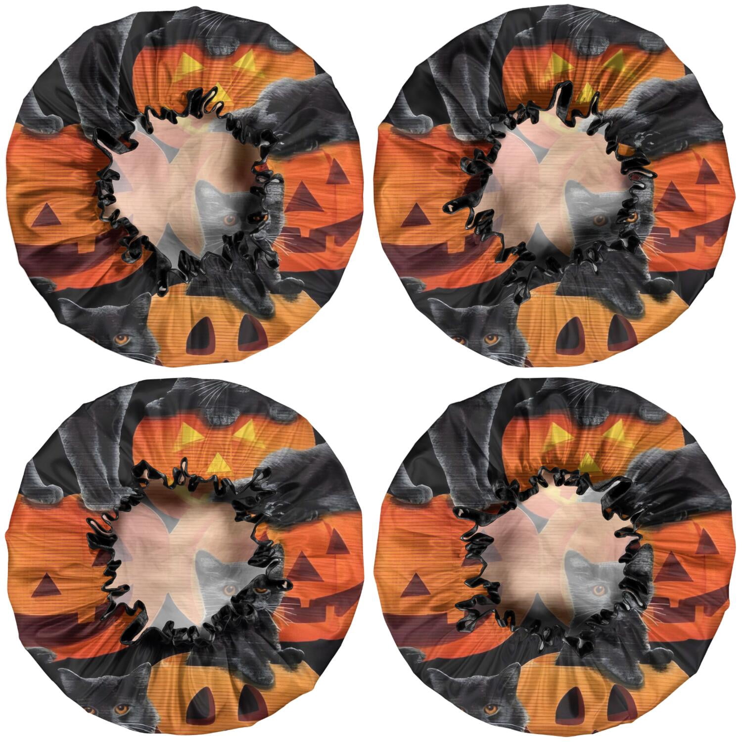 Shower Caps,Halloween Black Cats and Pumpkins Pattern Waterproof Shower Cap for Women 4 Pieces,Double Reusable Hair Cover for Shower PEVA Elastic Stretch Hem