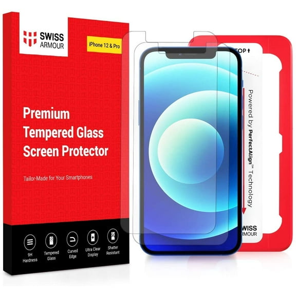 Swiss Armour iPhone 12 & iPhone 12 Pro- 6.1" Screen Protector [ 2 Pack] Tempered Glass Japan Asahi Glass 9H, 2.5D with PerfectAlign™ Applicator Tray for Easy installation- Bubble free-Anti Fingerprint