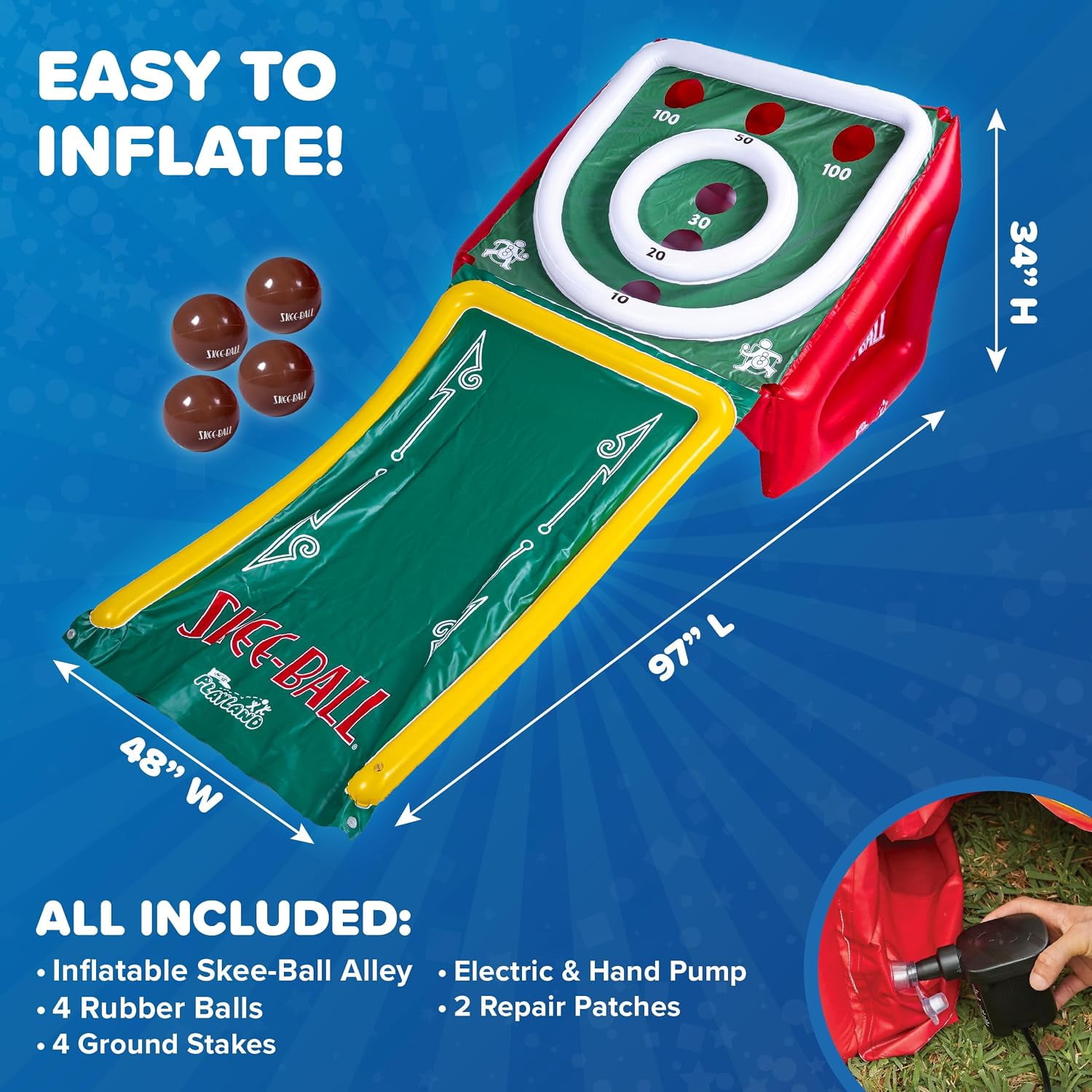 Playland Inflatable Skee Ball Game for Kids & Family – 5FT Indoor & Outdoor Arcade Toss Game with Ball Return, 4 Rubber Balls, Electric & Hand Pump Included – Backyard Party Carnival Game for Ages 6+