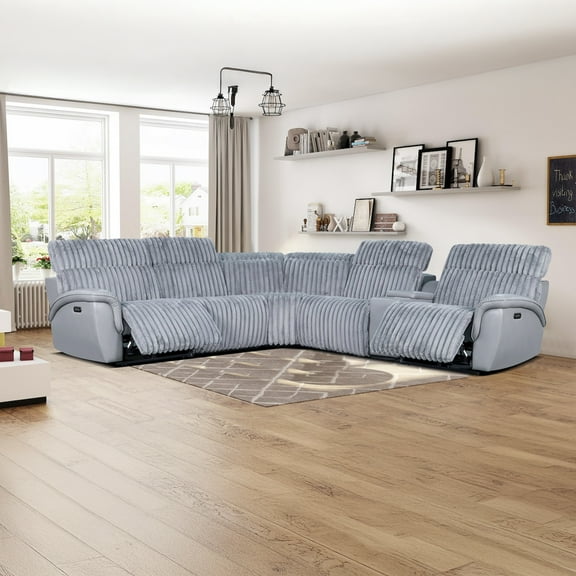 5-Seater Extra Plush Fuzzy Upholstered Power Reclining Sectional with USB Charging Ports and Storage Console