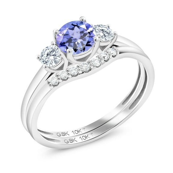 Gem Stone King 10K White Gold Blue Tanzanite and White Lab Grown Diamond 3-Stone Bridal Engagement Wedding Ring Set for Women (0.70 Cttw, Gemstone December Birthstone, Round 5MM, Size 8)