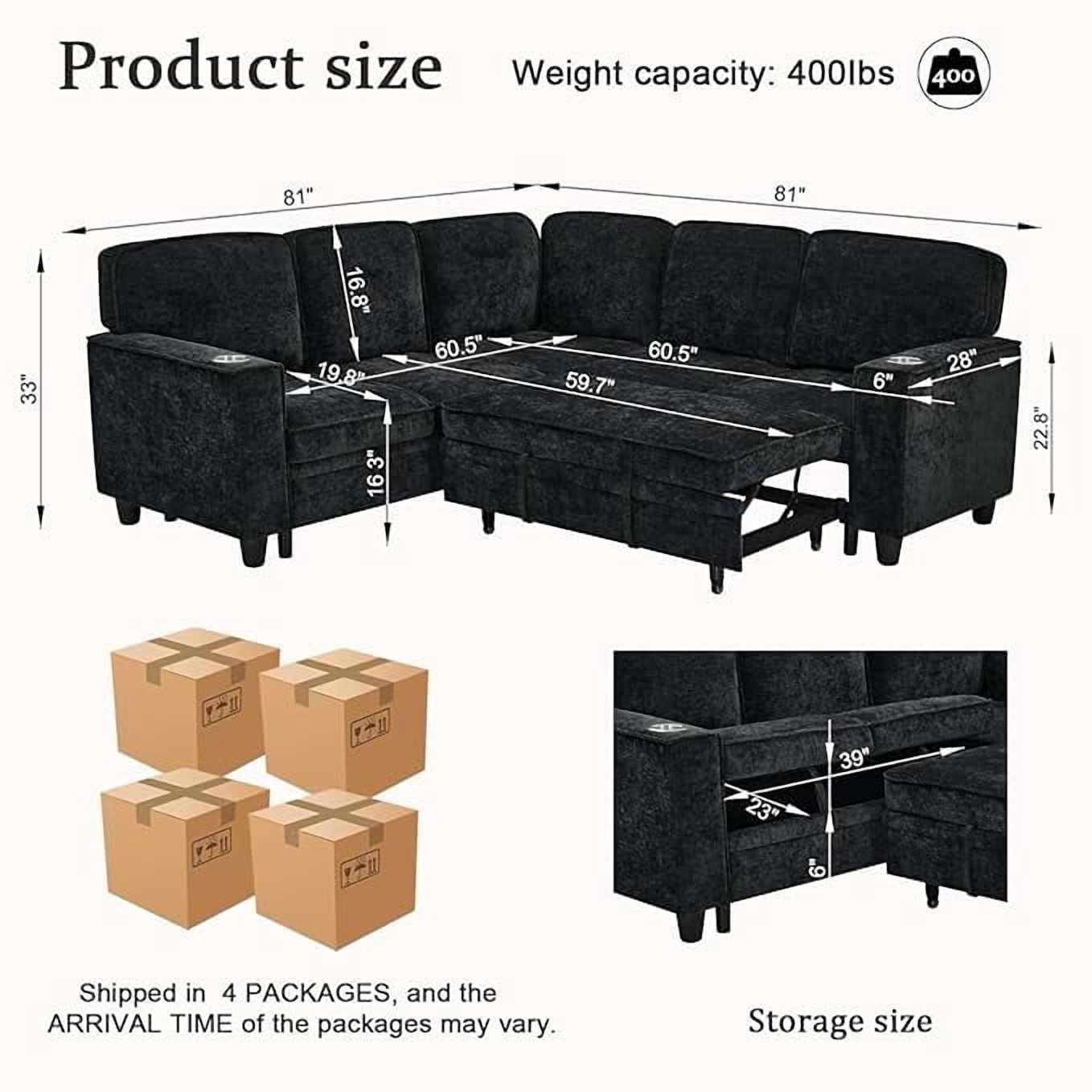 Howcool Modular Sectional Sleeper Sofa, 81" L-Shaped Oversized Cloud Couch with Pull-Out Bed, 5-Seat Chenille Sofa with Storage Chaise, USB Charging and Cup Holders for Living Room Apartment,Black