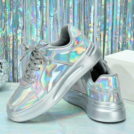 Daznico Womens Comfort Sneakers Couples Thick Soled Sequins Lace Up Casual Shoes Sports Breathable Outdoor Flats Board Shoes Women s Glitter Tennis Sneakers Size 9.5