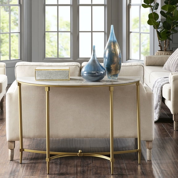 Console Table With White Marble Platform And Gold Metal Stands Top Legs, Star Style, Assembly Required