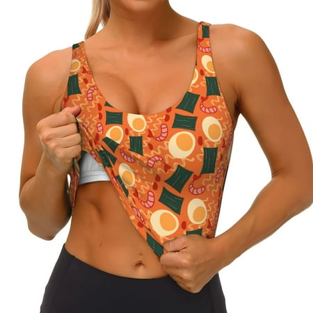 Qokaie Ramen Noodle Soup Pattern Womens Scoop Neck Sports Bra Breathable Workout Vest Padded U Back Medium Impact Fitness Gym Yoga Bra Workout Crop Top