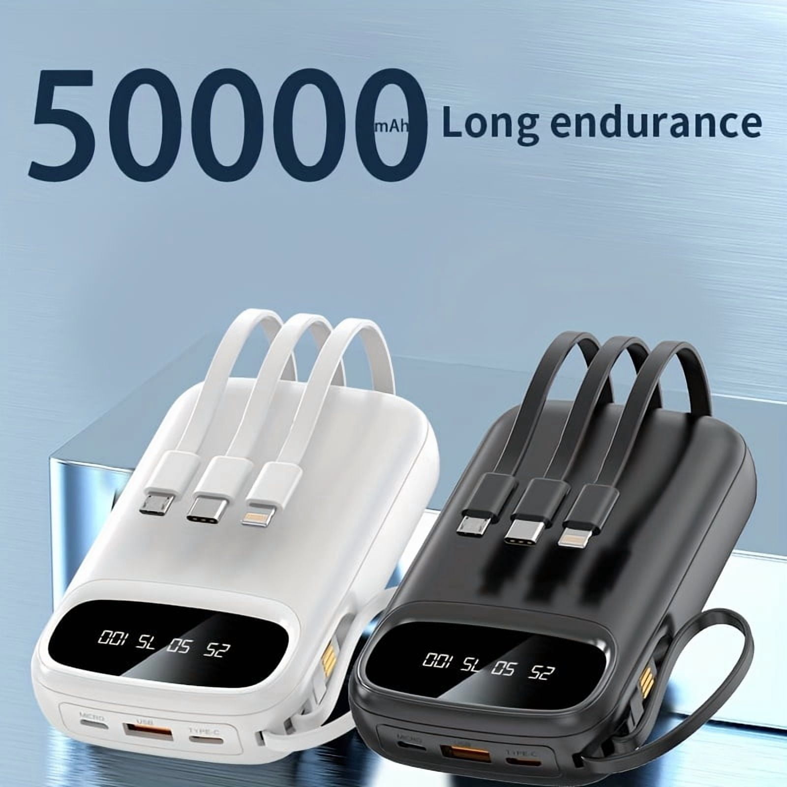 50000mAh Power Bank with 4 Cables, LED Display, Fast Charging for iPhone/Android Phones, Digital Devices, Outdoor Emergency Portable Battery Pack Gift
