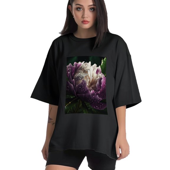 Plus Size Shirt for Women Black Tops for Women Short Sleeves Shirt for Women Peony Flower T Shirt Crewneck Shirt for Women XS