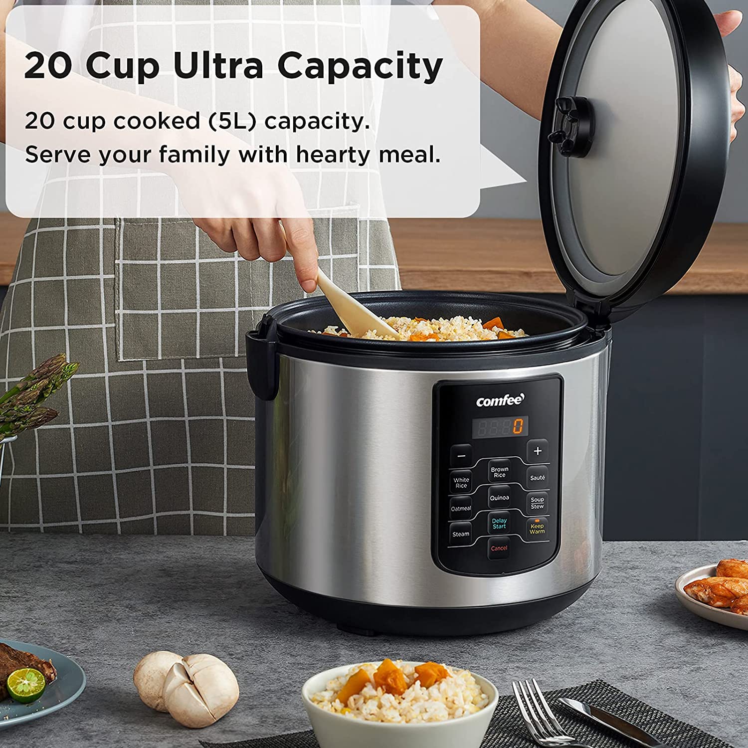 Multifunctional Rice Cooker 10 Cup Uncooked/20 Cup Cooked, 5.2 Qt Large Capacity with 8 One-Touch Programs