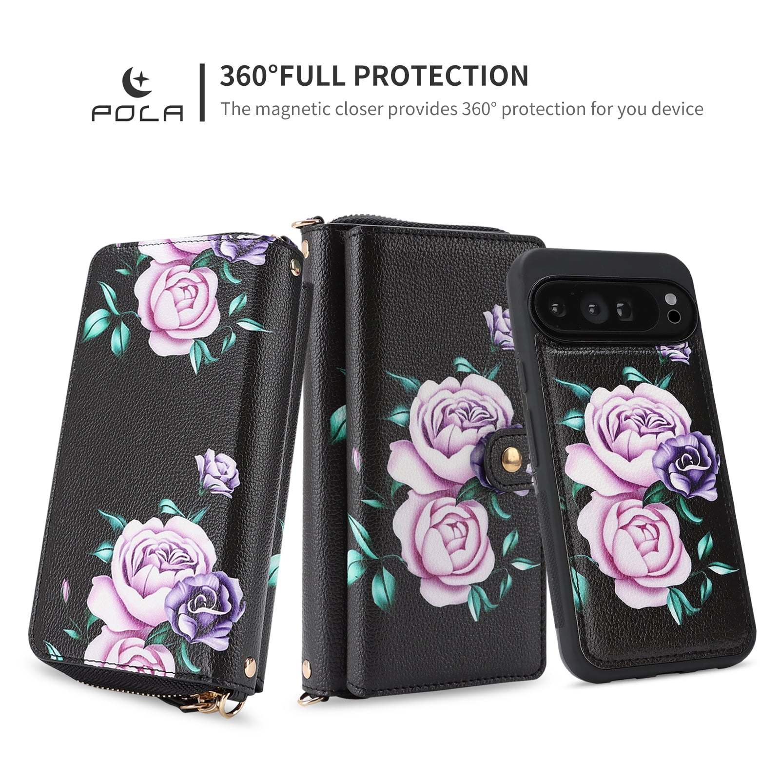 TECH CIRCLE 2-in-1 Wallet Case for Google Pixel 10 / 10 Pro (6.3", 2025), Detachable Magnetic Back Cover, Flip Flower Phone Case with 15 Card Slots, Zipper Pocket, Crossbody Strap, Wrist Strap, Black