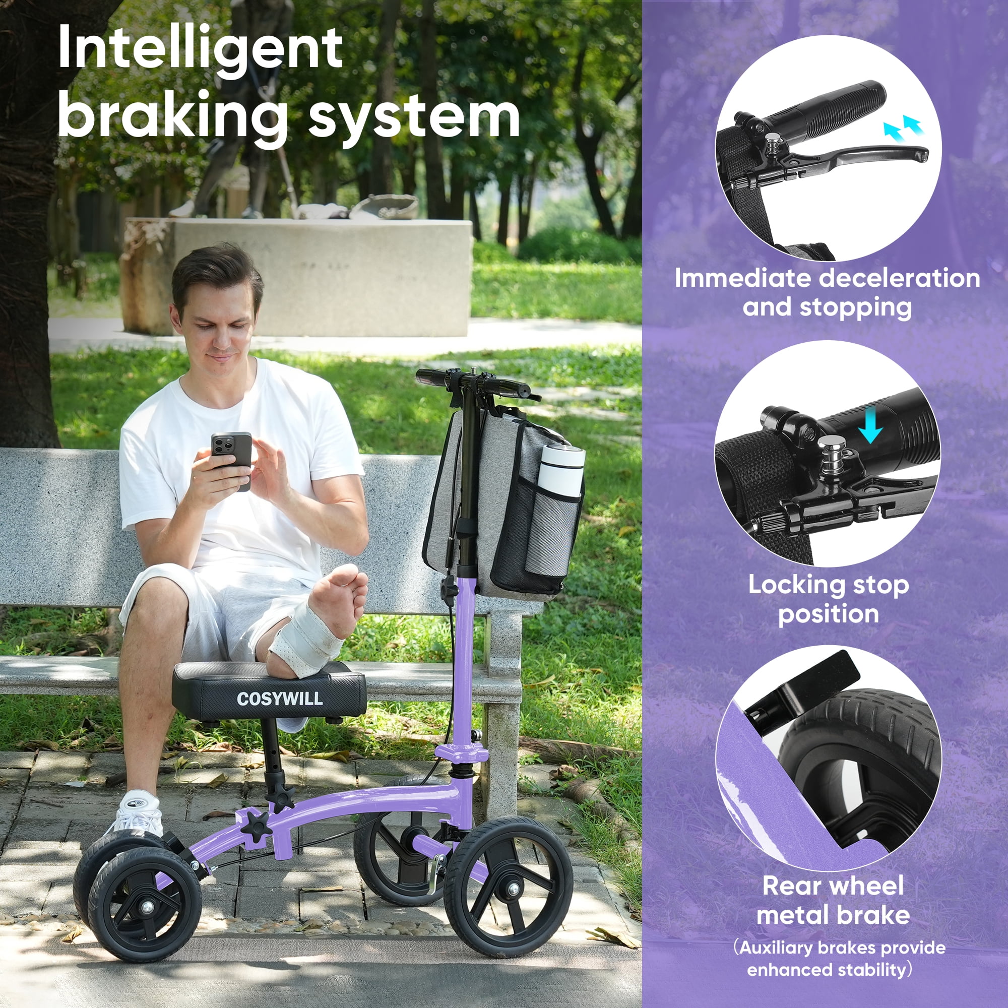 COSYWILL Steerable Knee Scooter,Economy Knee Walker,All Terrain Foldable Medical Scooter for Foot Injuries Crutches Alternative,Purple