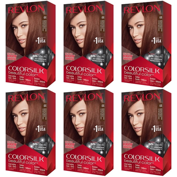 (6 Pack) Revlon Colorsilk Beautiful Color Permanent Hair Color with 3D Gel Technology And Keratin, 100% Gray Coverage Hair Dye, 44 Medium Reddish Brown