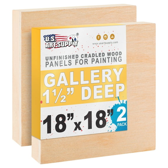 U.S. Art Supply Unfinished Cradled Wood Panels for Painting, 2 Pack of 18x18 inch - Gallery Birch Wooden Canvas Boards 1-1/2" Deep - Mixed-Media Craft, Acrylic, Oil, Encaustic, Paint Pouring