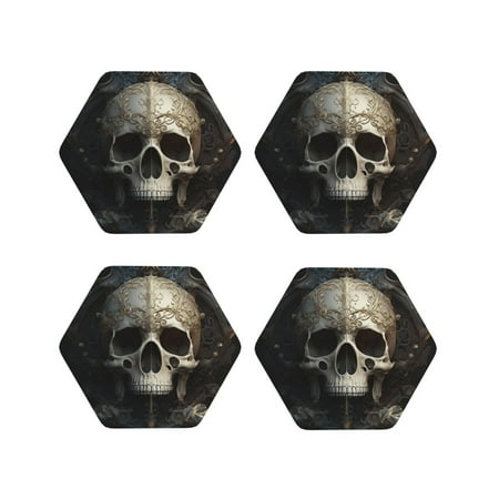 

Matuu Gold Pattern Skull for Cup Coasters Set of 4 Leather Coasters Desk Coasters for Office Measures 4” x 4”-Hexagon