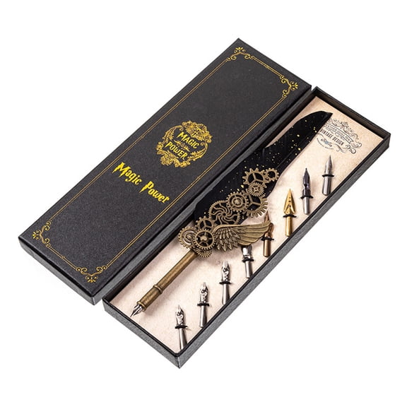 Retro Feather Dip Pen Set Vintage Quill Pen Steampunk Mechanical Style Calligraphy Writing Signature with 8 Replacement Nibs in Gift Box for Handwriting Student Friends
