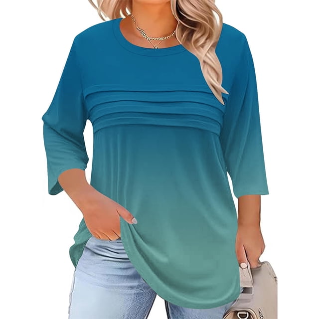 Neewe Womens Plus Size Tops 3/4 Sleeve Shirts Crewneck Pleated Blouses Dressy Casual Fashion Tunic Top (1X-5X)