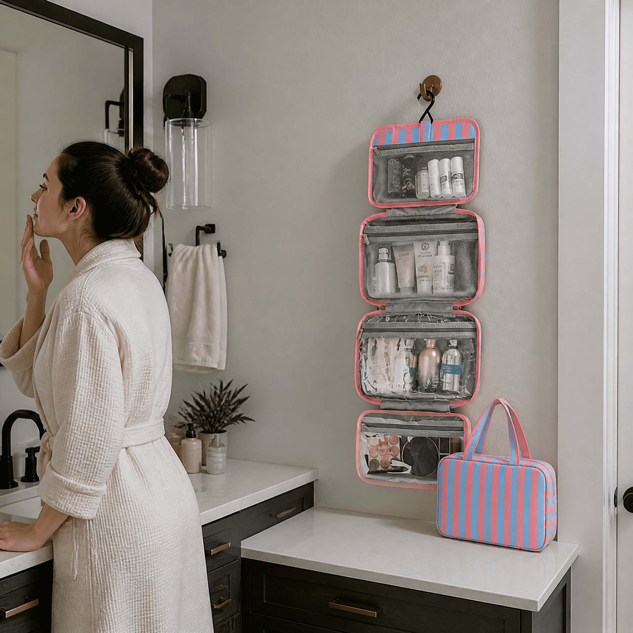 Blue Pink Foldable Hook Toiletry Storage Bag, Waterproof Multi Compartment Handheld Skincare And Makeup Bag