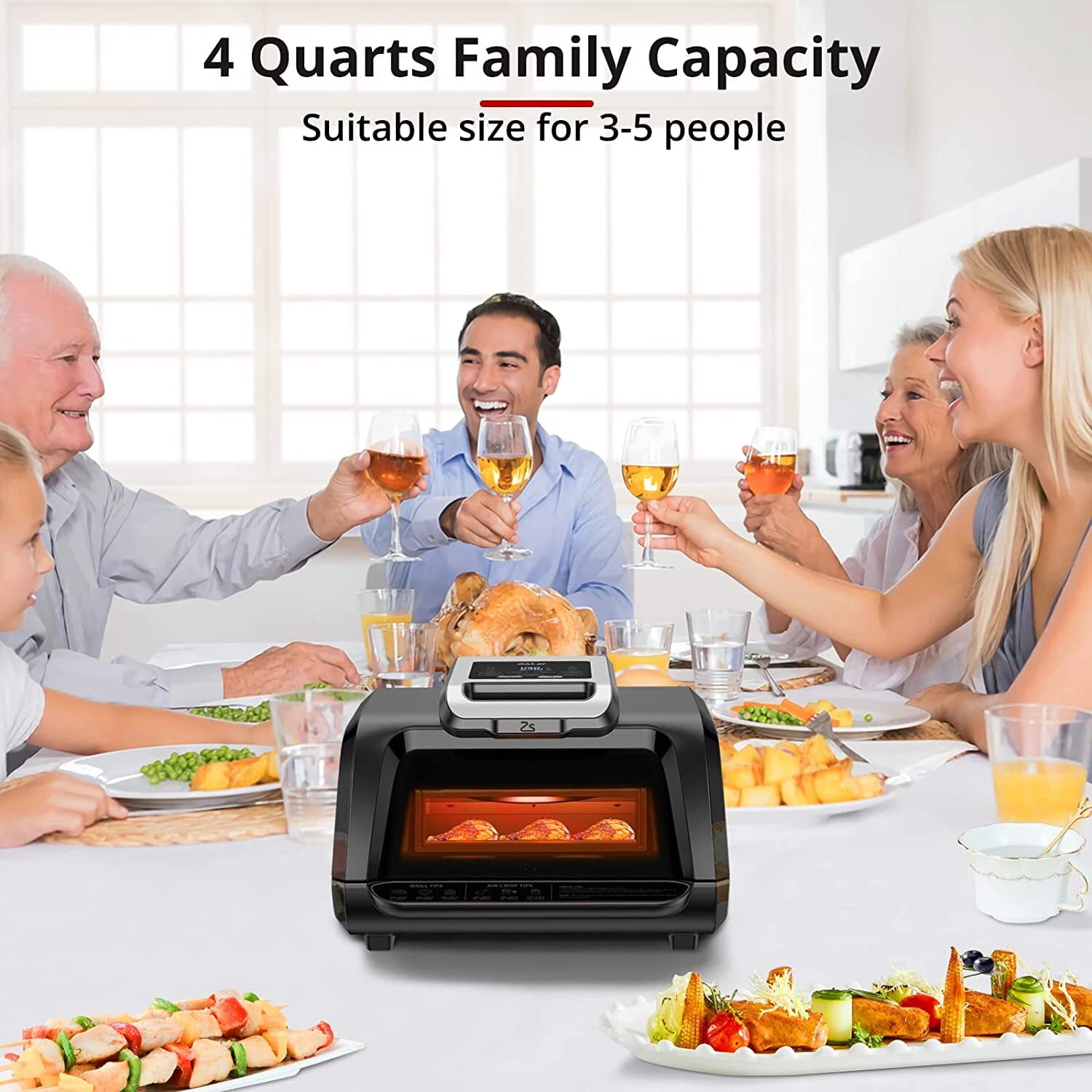Entcook 7-in-1 Smokeless Indoor Grill Air Fryer Combo, 1750W 4-Quart Electric Air Grill with Visible Window