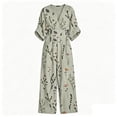 thumbnail image 3 of Women Dressy Casual Jumpsuits Elegant V Neck Short Sleeve High Waist Side Ruched Romper Summer Casual Boho Floral Short Sleeve Jumpsuit Summer Short Sleeves Wide Leg Pants(Army Green,XXXL), 3 of 3