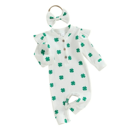

Co.MMehjri Infant Baby Irish Festival Jumpsuit 3 6 9 12 Months Infant Cotton Clothes Shamrock Print Round Neck Long Sleeve Romper with Bow Headband