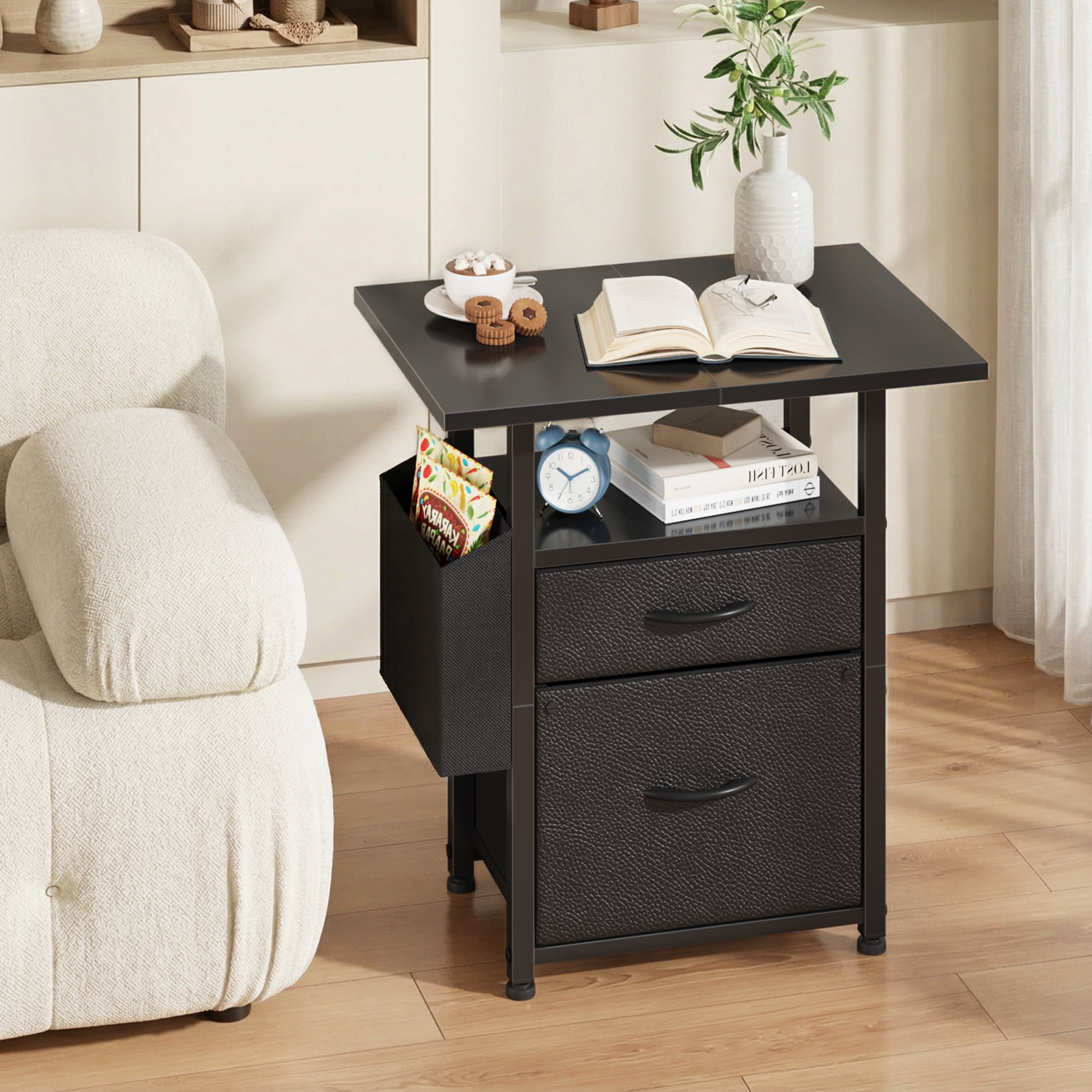 HIGDBFE File Cabinets with 2 Drawer, Rolling Fabric Filing Cabinet with 24'' Large Tabletop, Printer Stand for Home Office, Fits A4/Letter Size, Rustic Black