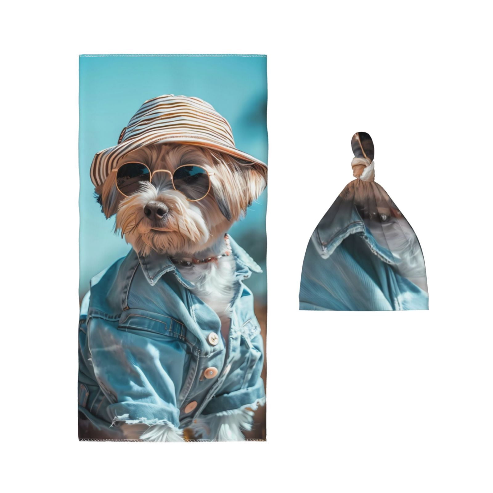 Picia Stylish Dog in Denim Outfit for Baby Girl Newborn Receiving Blanket with Matching Headband and Beanie Set Baby Swaddle Floral Print Nursery Swaddle Wrap