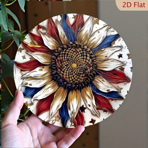 Patriotic Sunflower Round Aluminum Sign - Vintage Distressed Red White Blue Embossed Star 4th of July Wall Decor, 1pc, 8" Wall Art Metal Sign, For Kitchen, Porch, Garden, Room, Home, Ideal Gifts