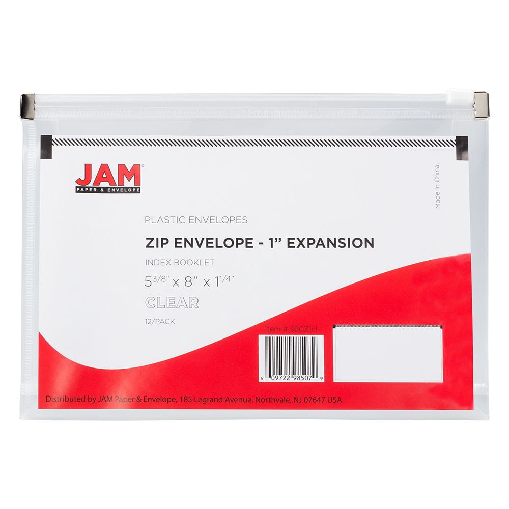 JAM Paper Plastic Zip Envelopes, 5.3 x 8, Clear, 12/Pack