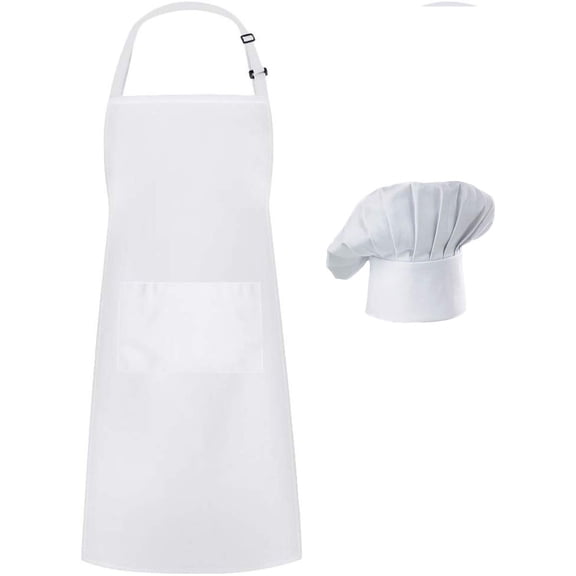 Hyzrz Chef Apron Set, Chef Hat and Kitchen Apron Adult Adjustable Apron with Butcher Hat Baker Costume Kitchen Pocket Apron for Men and Women (White)