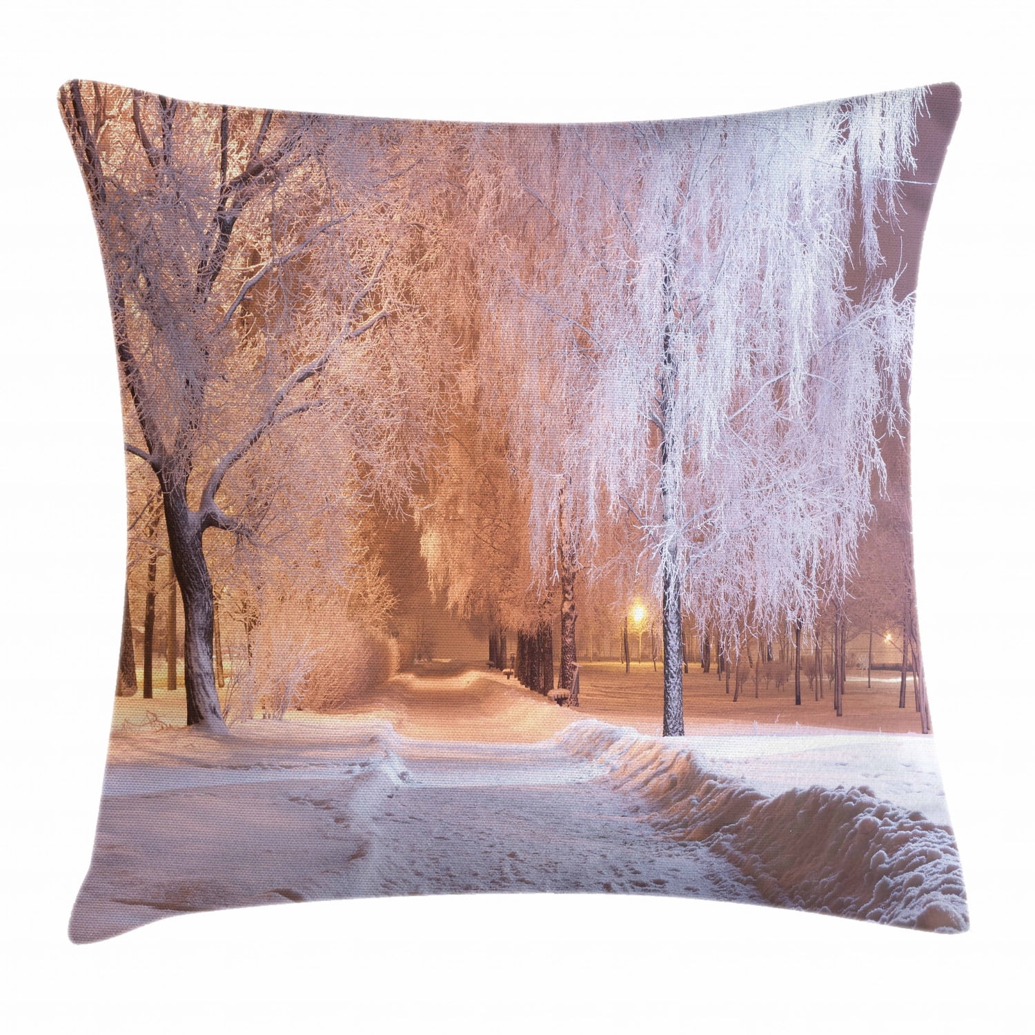 Winter Throw Pillow Cushion Cover, Winter Night Scenery with Frozen