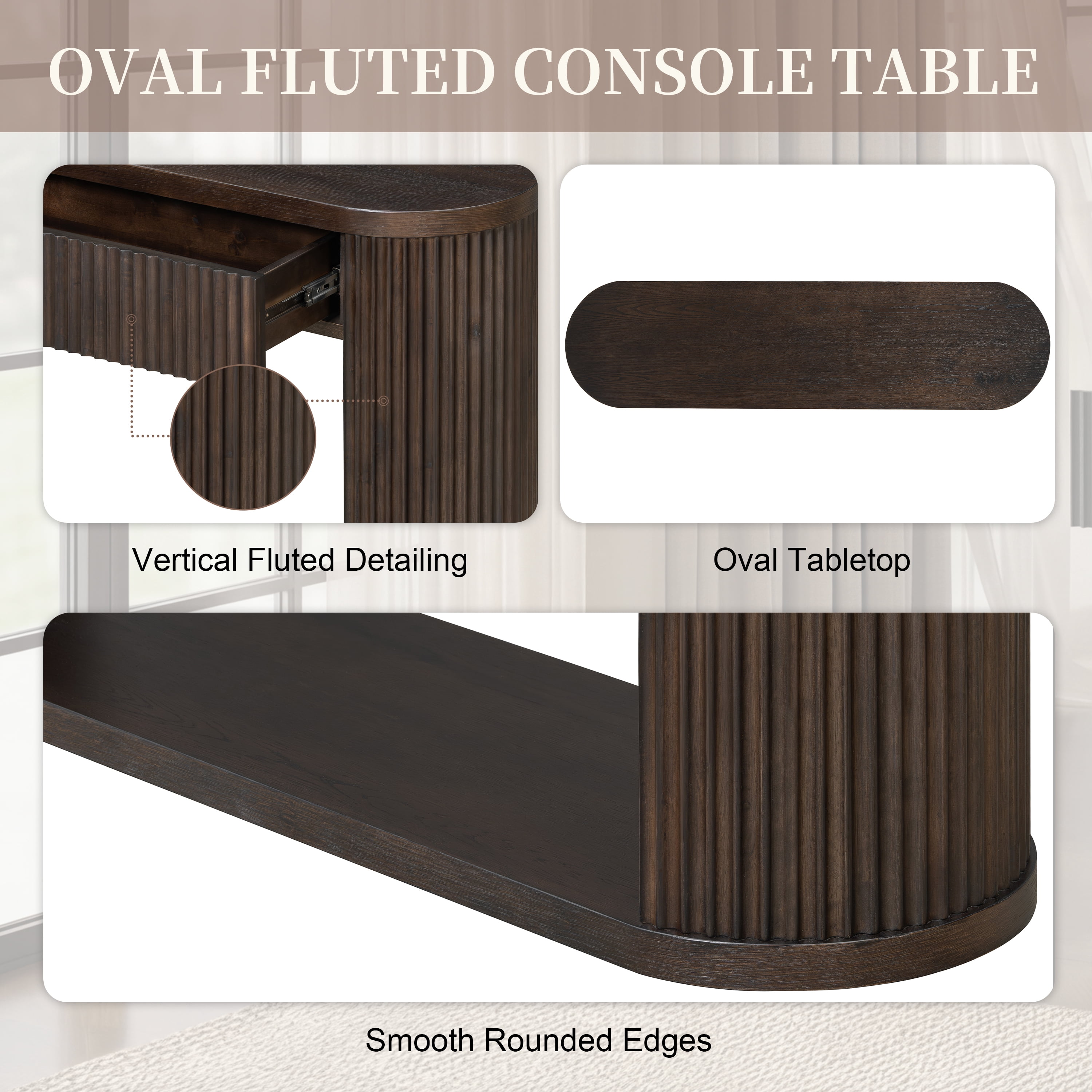 Oval Fluted Console Table with 2 Drawers and Bottom Shelf, Wood Entryway Table with Smooth Metal Slides for Living Room, Entryway