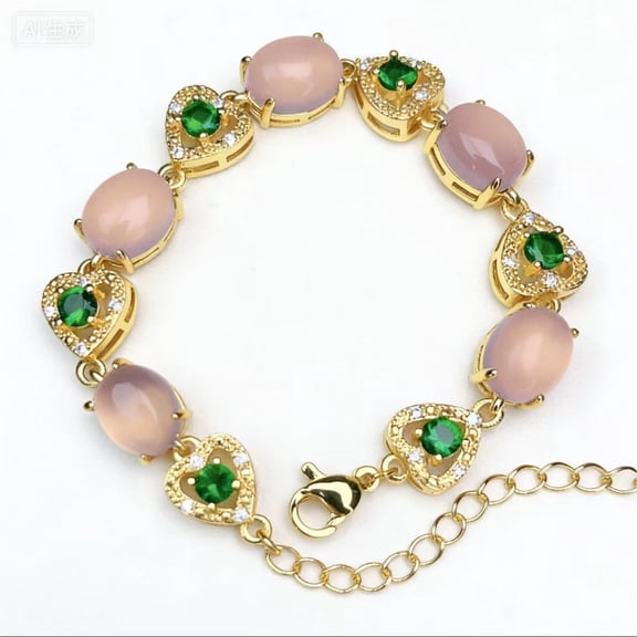 Woman Cabochon Link Bracelet, Gold-Tone with Green Crystal Heart Accents, Adjustable Chain