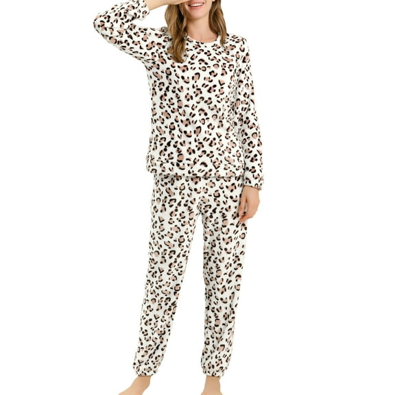 INSPIRE CHIC Women's Winter Flannel Pajama Sets Long Sleeve Loungewear 2XL Leopard Printed