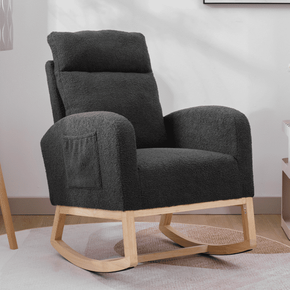 IVV Teddy Fabric Rocking Chairs with Solid Wood Legs, Upholstered High Backrest Accent Armchair with Side Pocket for Living Room, Bedroom (Dark Gray)