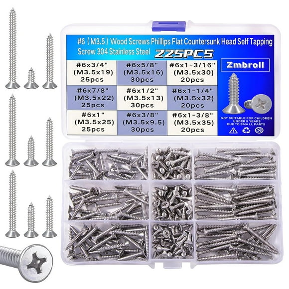 shiyou-M3.5 Wood Screws 225Pcs #6 Self Tapping Screw Phillips Flat Head Metal Drywall Screws 304 Stainless Steel 9 Sizes Cross Countersunk Sheet Metal Screws Assortment for Wood Plastic