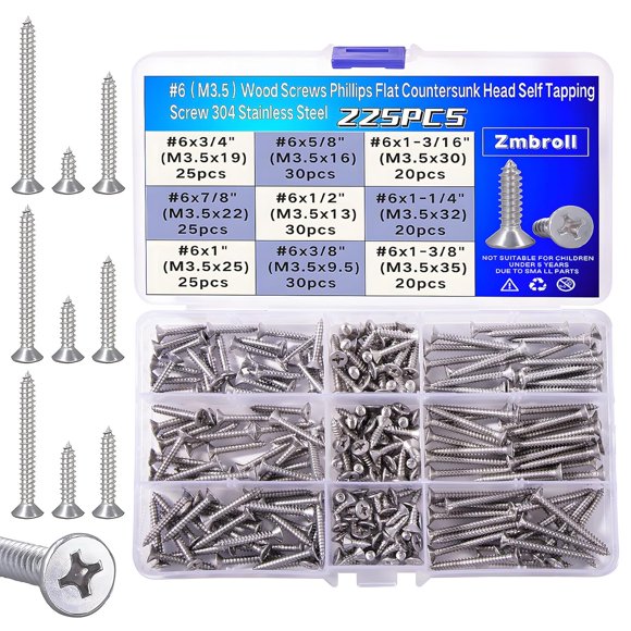 shiyou-M3.5 Wood Screws 225Pcs #6 Self Tapping Screw Phillips Flat Head Metal Drywall Screws 304 Stainless Steel 9 Sizes Cross Countersunk Sheet Metal Screws Assortment for Wood Plastic