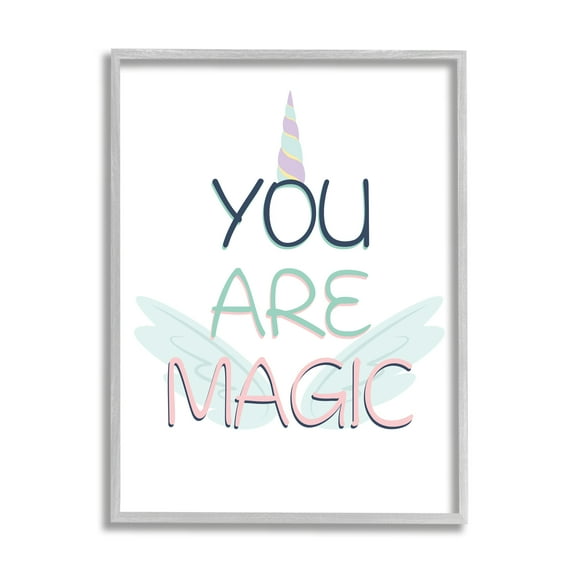 Stupell Industries you Are Magic Sentiment Unicorn Horn and Wings Kids Painting Gray framed Art Print Wall Art, 11 x 14, Design by Kim Allen